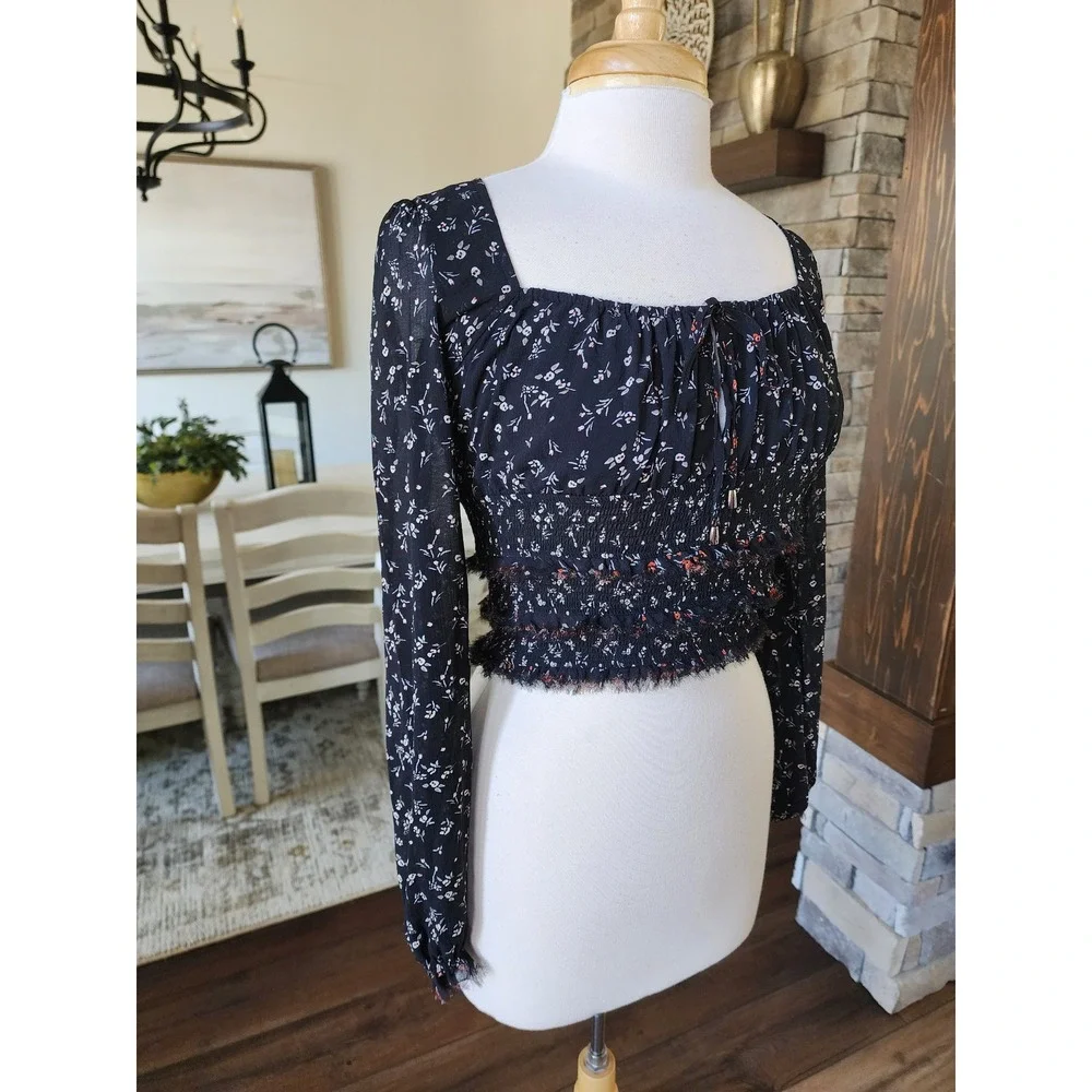 Free‎ People Boho Black Floral Smocked Lolita Long Sleeve Square Neck Womens XS